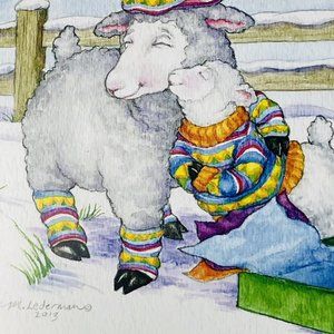 Snuggling Sheep Christmas Card M Lederman 2013 envelope Single Heifer